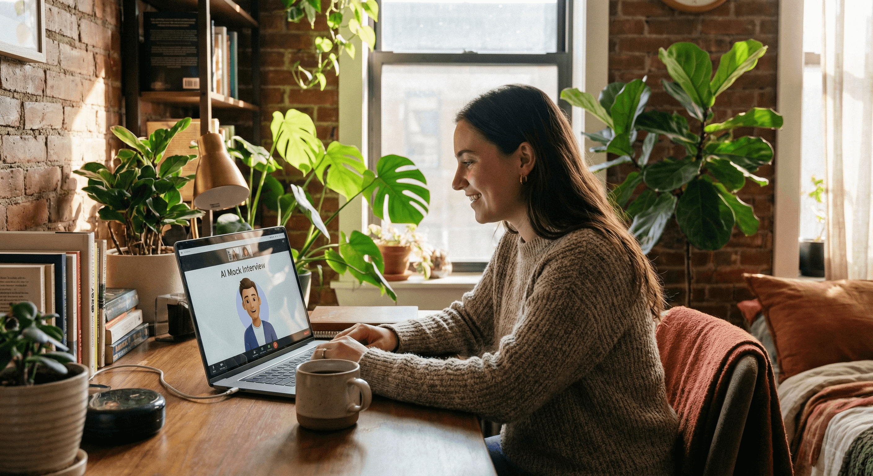Woman practicing for an interview from the comfort of her apartment